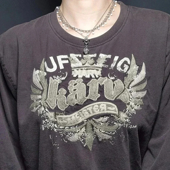 Vintage Y2K Black Karv brown / dark grey embroidered long sleeved crewneck shirt - Picture 1 of 16